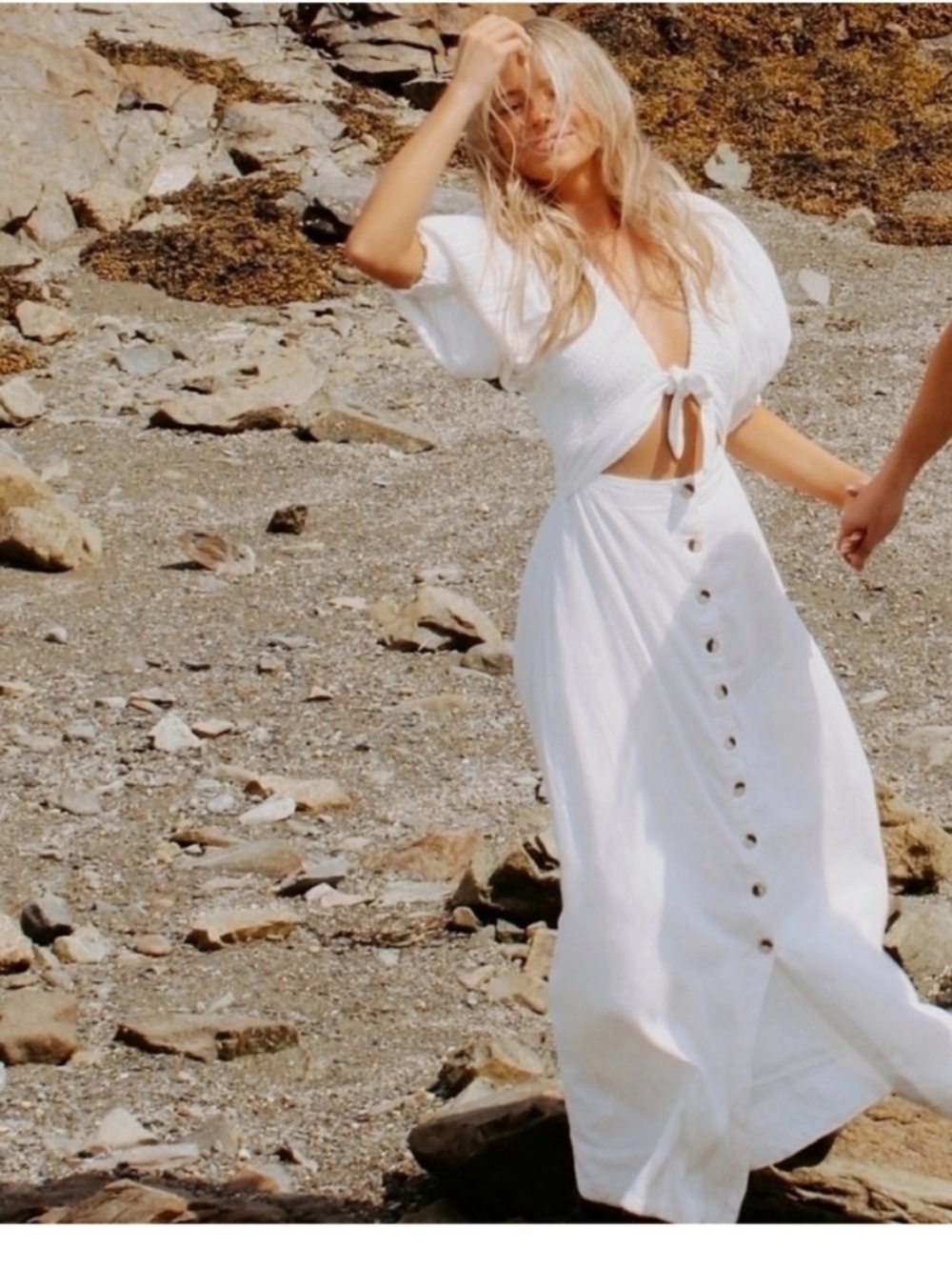 Free People Cream Tie-Front Button Maxi Dress - Picture 3 of 7